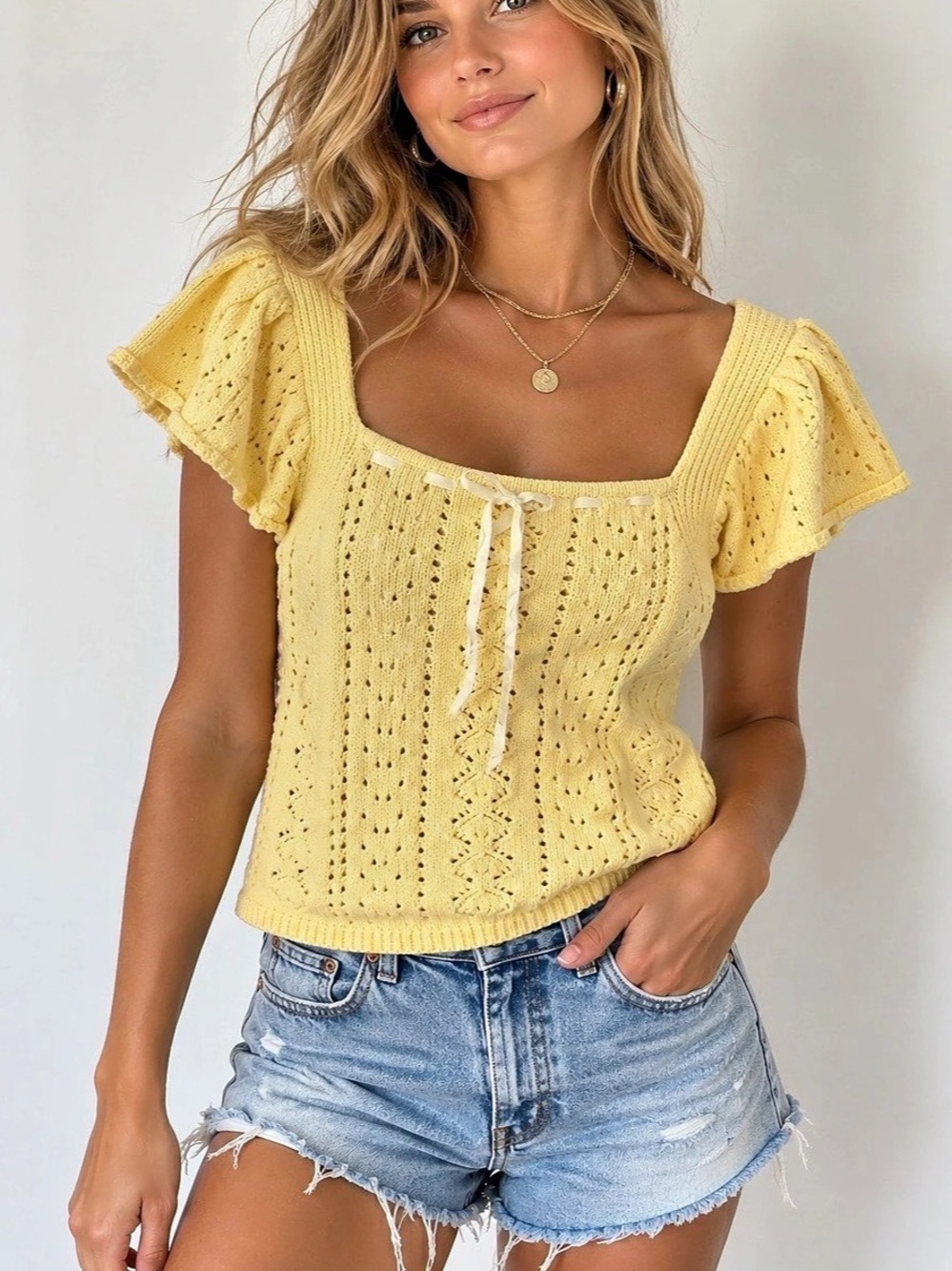 Haute Hippie Cotton Knit Top in Yellow Large Like New